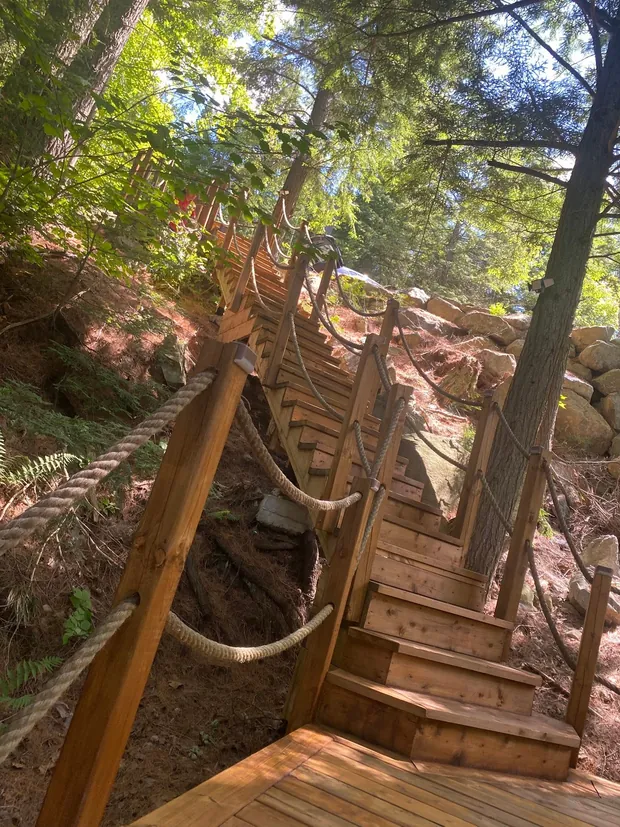 Le même escalier teint rouge-cognac, vu d'en bas, depuis le pied de la pente